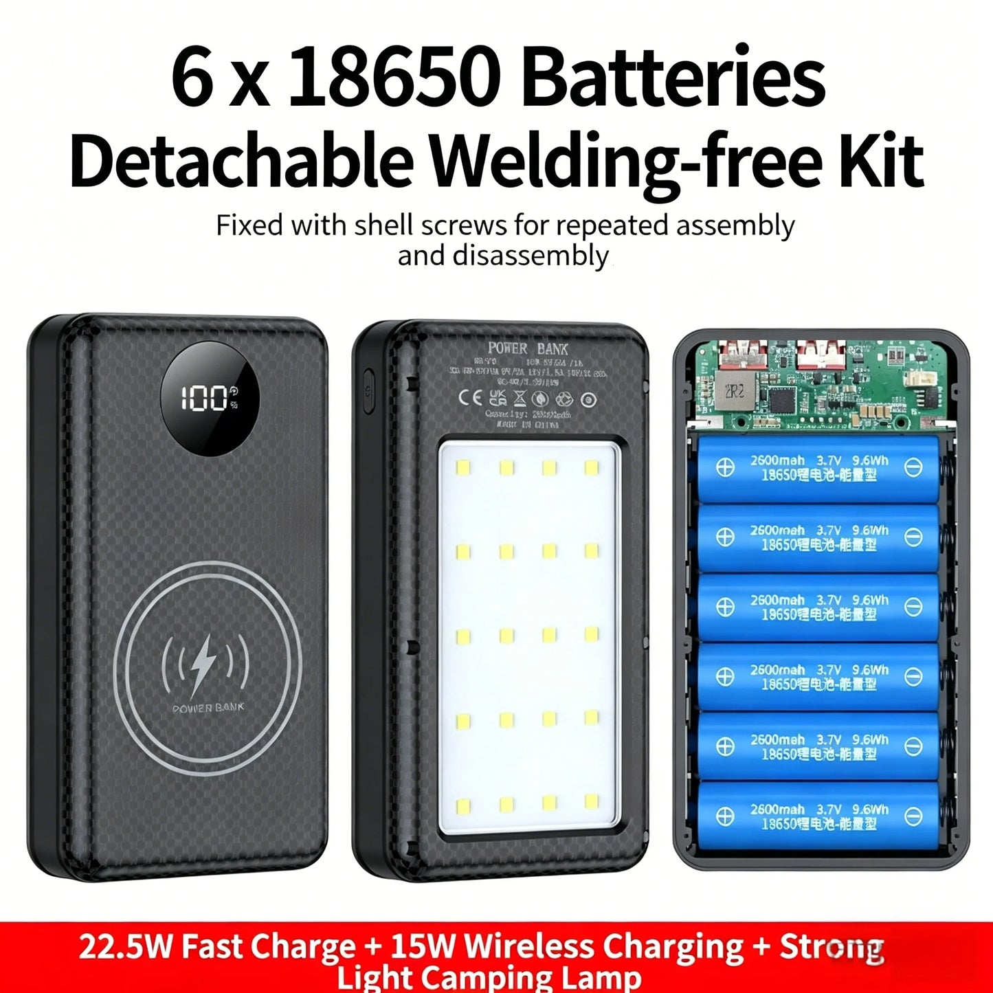 6-Slot 18650 Battery Power Bank Box Dual USB Type C Charging Shell with Camping Light for Mobile Devices
