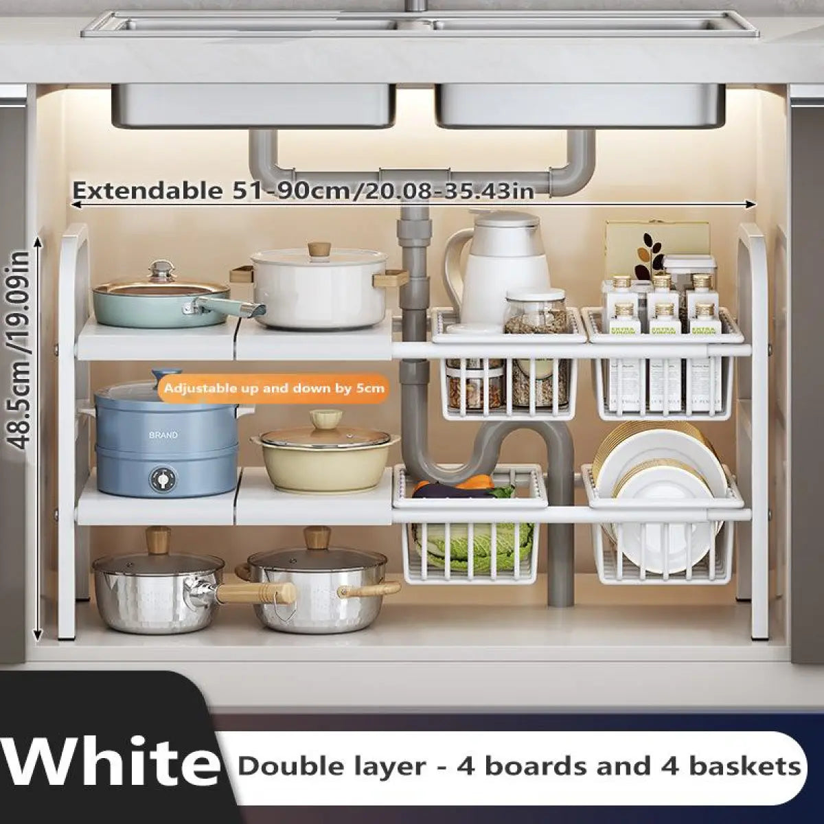 Expandable under Sink Organizer, 2 Tier under Sink Shelf with 4 Removable Baskets and 4 Removable Panels for Cabinet Sink Cloakroom Wardrobe Closet Storage