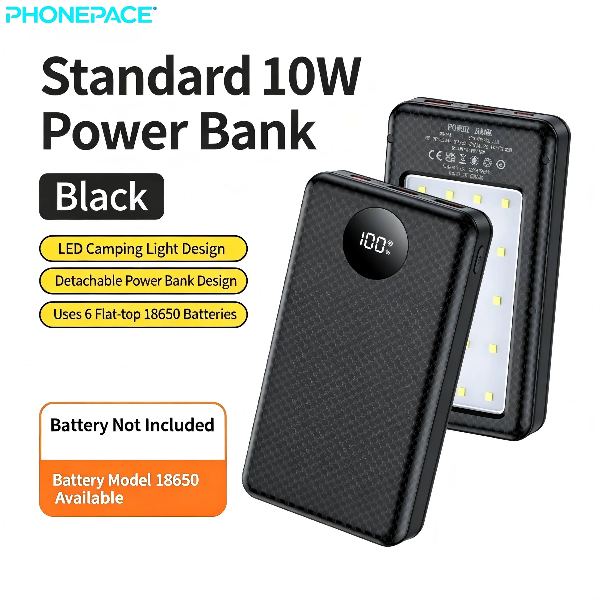 6-Slot 18650 Battery Power Bank Box Dual USB Type C Charging Shell with Camping Light for Mobile Devices