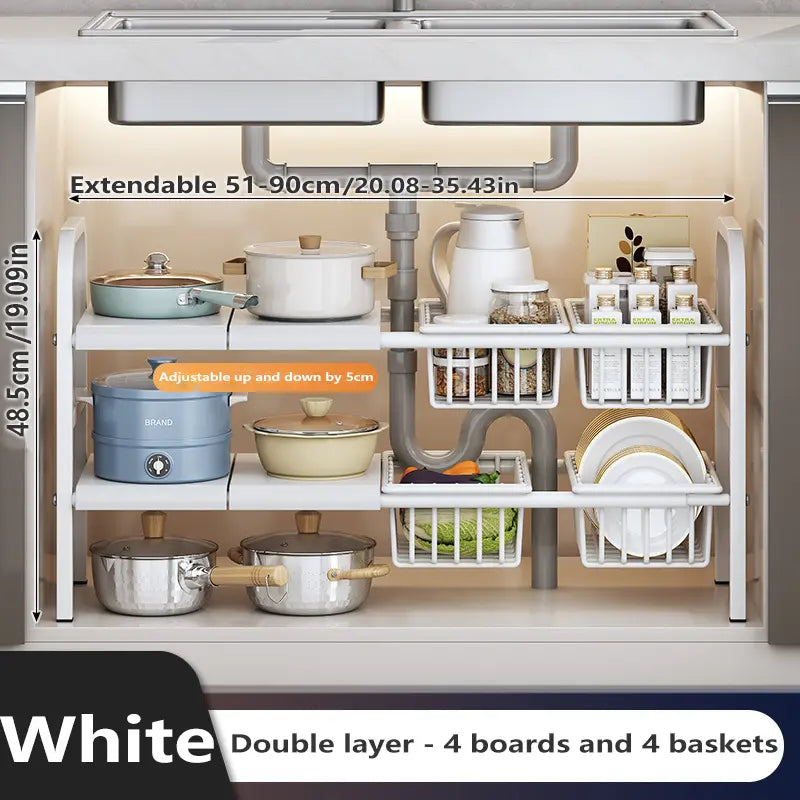 Expandable under Sink Organizer, 2 Tier under Sink Shelf with 4 Removable Baskets and 4 Removable Panels for Cabinet Sink Cloakroom Wardrobe Closet Storage