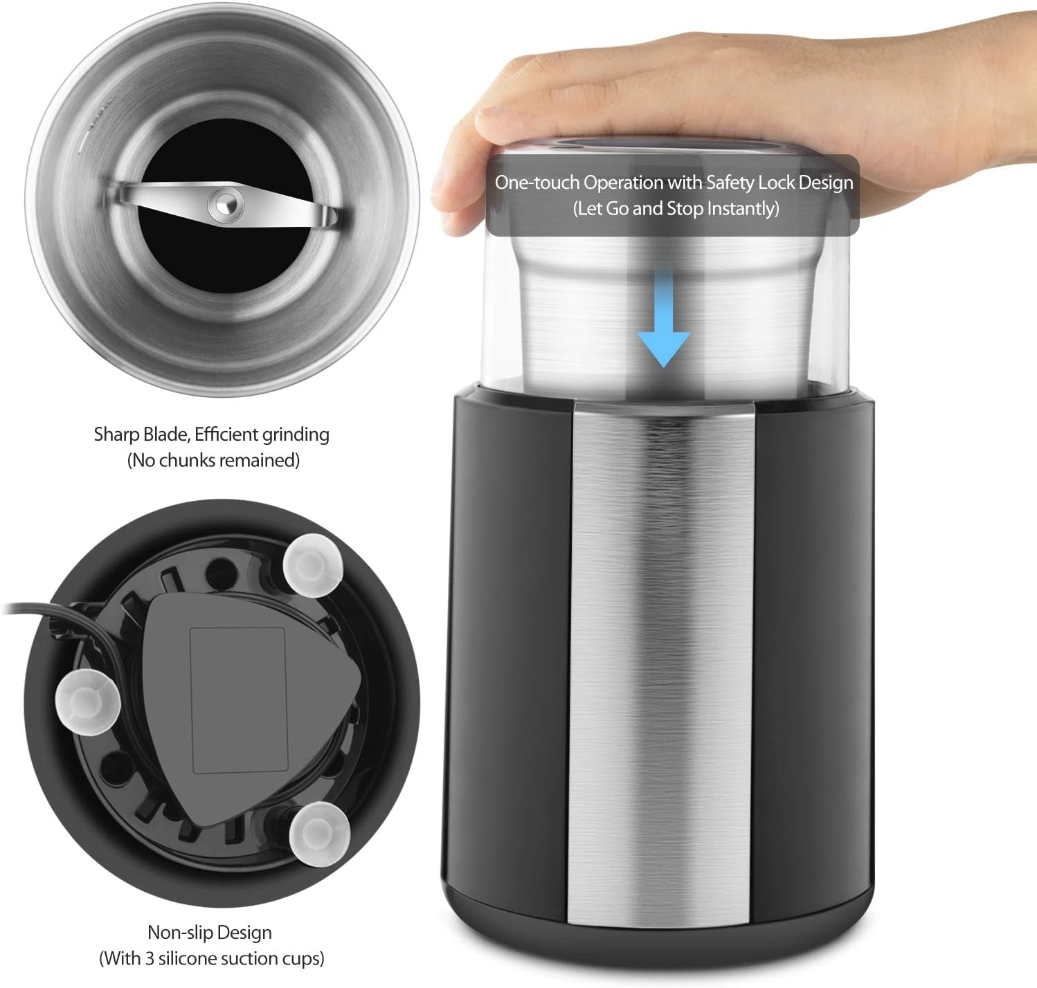 Electric Coffee Grinder, Stainless Steel Blades Coffee and Spice Grinder with 2.5 Ounce Removable Cup, Powerful 200W