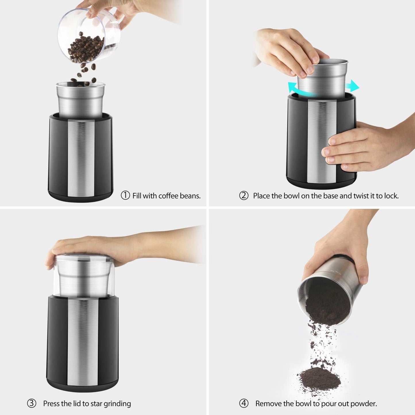 Electric Coffee Grinder, Stainless Steel Blades Coffee and Spice Grinder with 2.5 Ounce Removable Cup, Powerful 200W