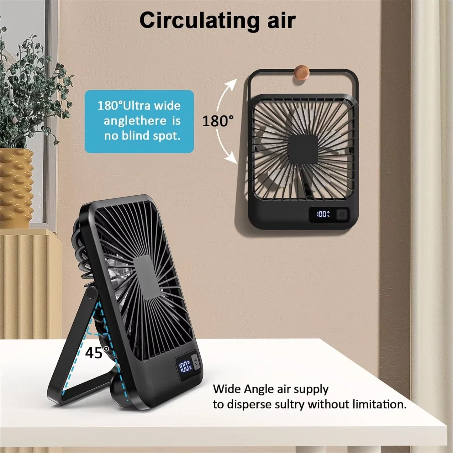 Portable USB Rechargeable Desk Fan – 180° Tilt Folding Personal Fan, 5 Speeds, Ultra Quiet with Power Display