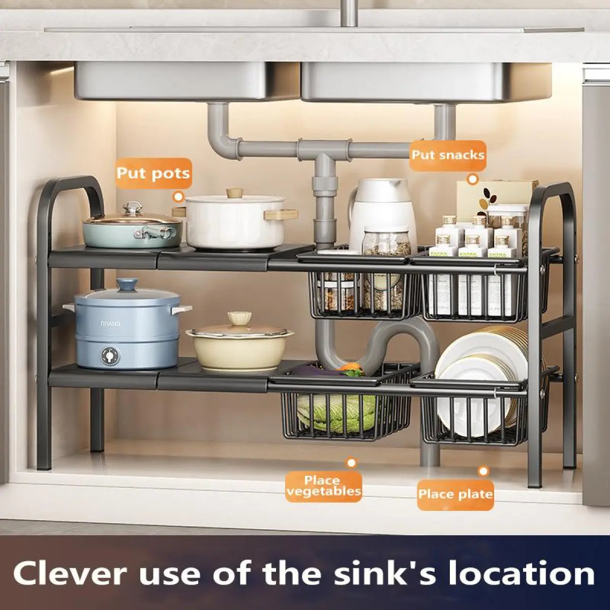 Expandable under Sink Organizer, 2 Tier under Sink Shelf with 4 Removable Baskets and 4 Removable Panels for Cabinet Sink Cloakroom Wardrobe Closet Storage