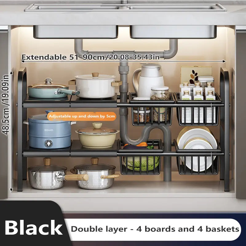 Expandable under Sink Organizer, 2 Tier under Sink Shelf with 4 Removable Baskets and 4 Removable Panels for Cabinet Sink Cloakroom Wardrobe Closet Storage