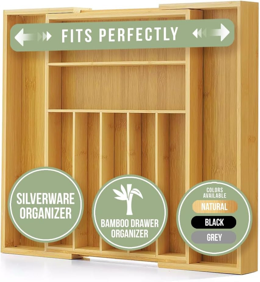 Bamboo Drawer Organizer - Expandable Silverware Organizer & Utensil Drawer Organizer, Cutlery Tray with Dividers, 7-9 Slots- Kitchen Organizer for Utensils & Flatware (Natural)
