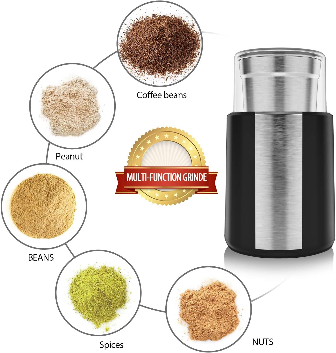 Electric Coffee Grinder, Stainless Steel Blades Coffee and Spice Grinder with 2.5 Ounce Removable Cup, Powerful 200W