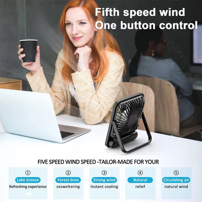 Portable USB Rechargeable Desk Fan – 180° Tilt Folding Personal Fan, 5 Speeds, Ultra Quiet with Power Display