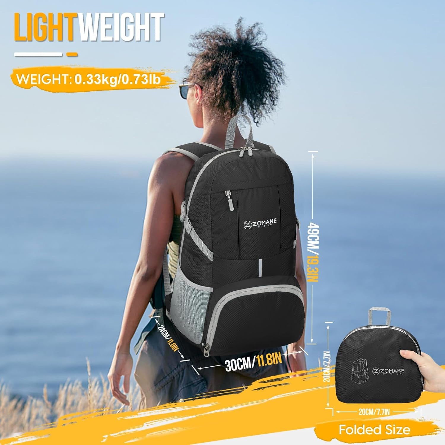 Lightweight Packable Backpack 35L, Light Foldable Backpacks Water Resistant Collapsible Hiking Bag, Compact Folding Day Pack for Travel Camping(Black)