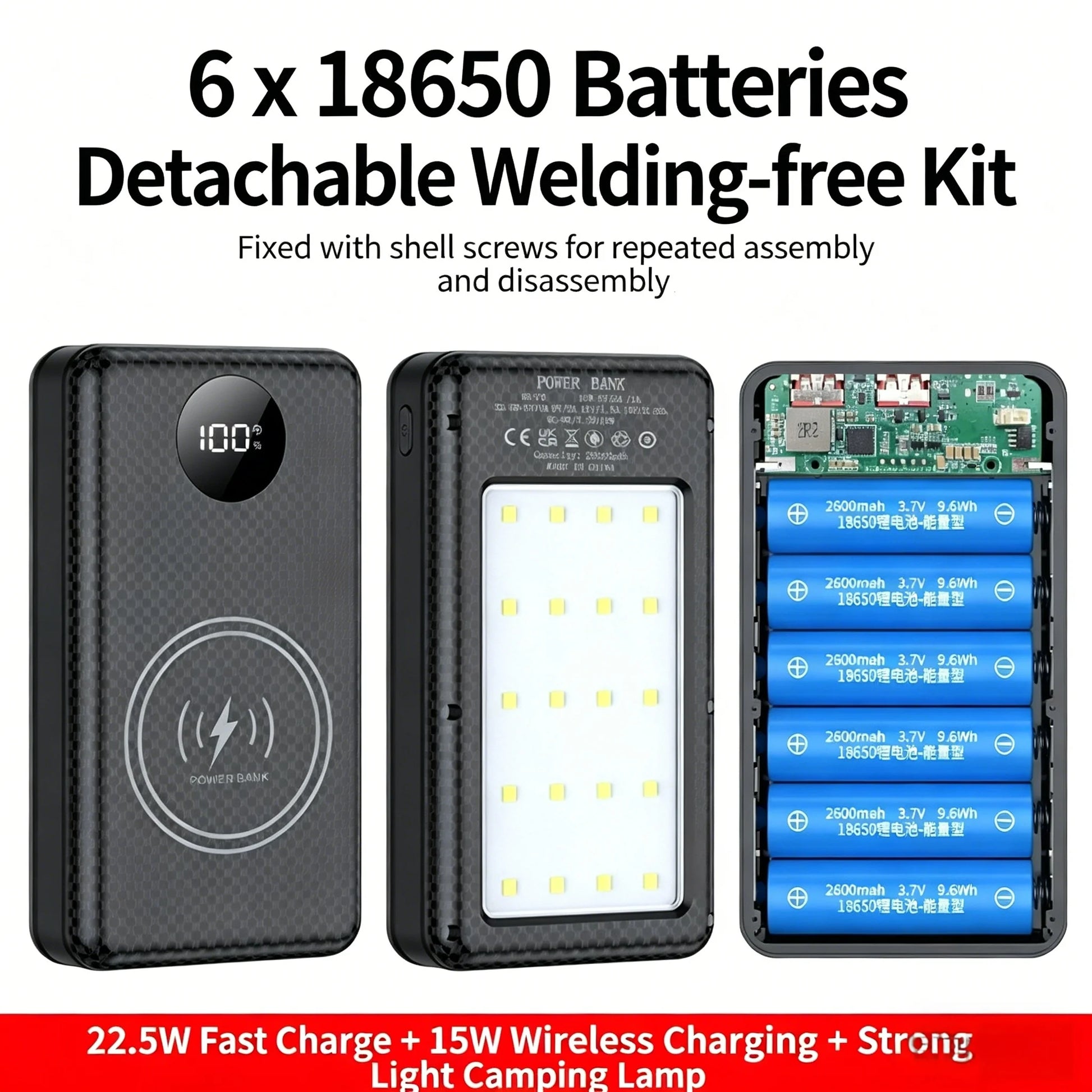 6-Slot 18650 Battery Power Bank Box Dual USB Type C Charging Shell with Camping Light for Mobile Devices