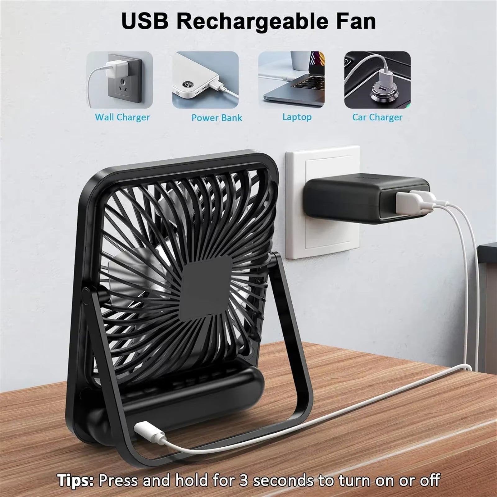 Portable USB Rechargeable Desk Fan – 180° Tilt Folding Personal Fan, 5 Speeds, Ultra Quiet with Power Display