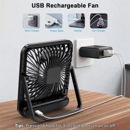 Portable USB Rechargeable Desk Fan – 180° Tilt Folding Personal Fan, 5 Speeds, Ultra Quiet with Power Display
